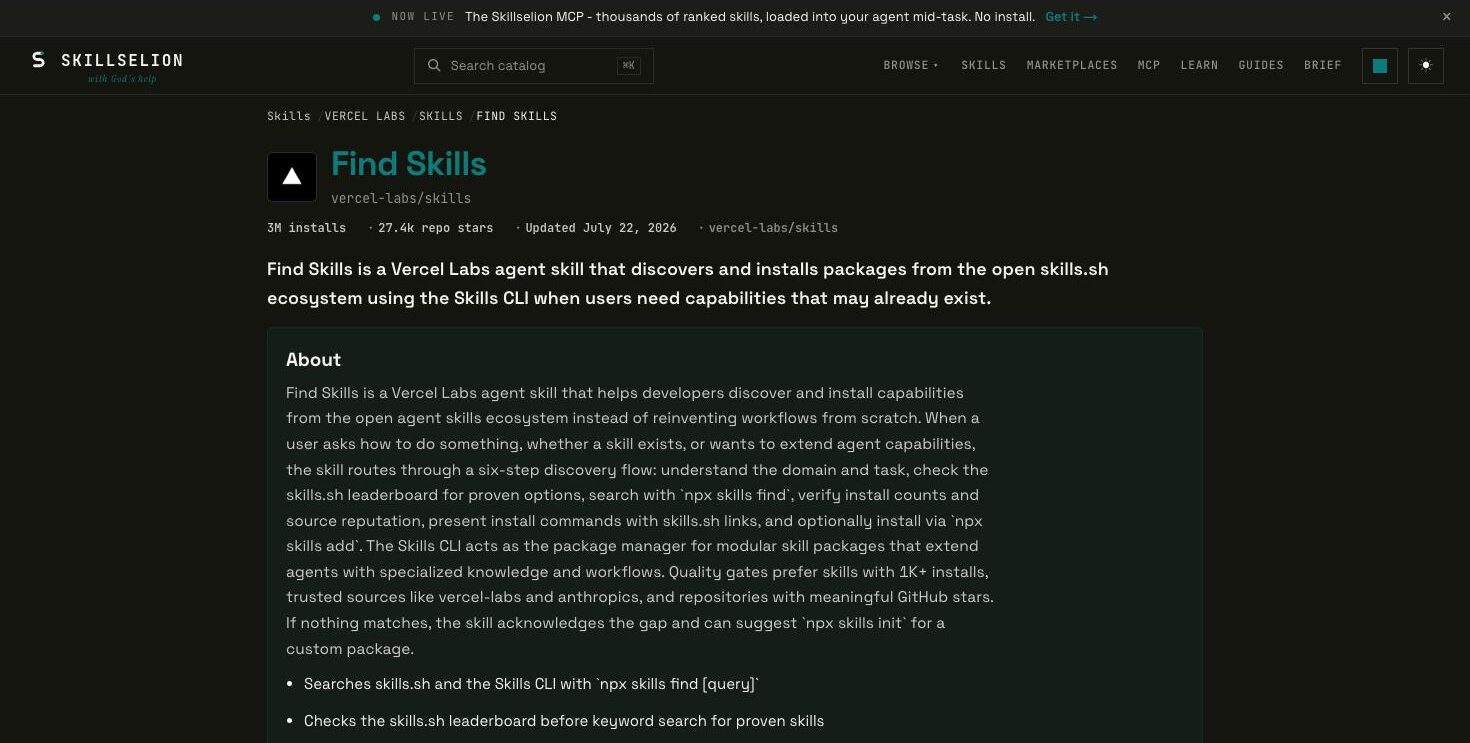 Ficha de la skill find-skills con instalaciones, estrellas y fecha de actualización