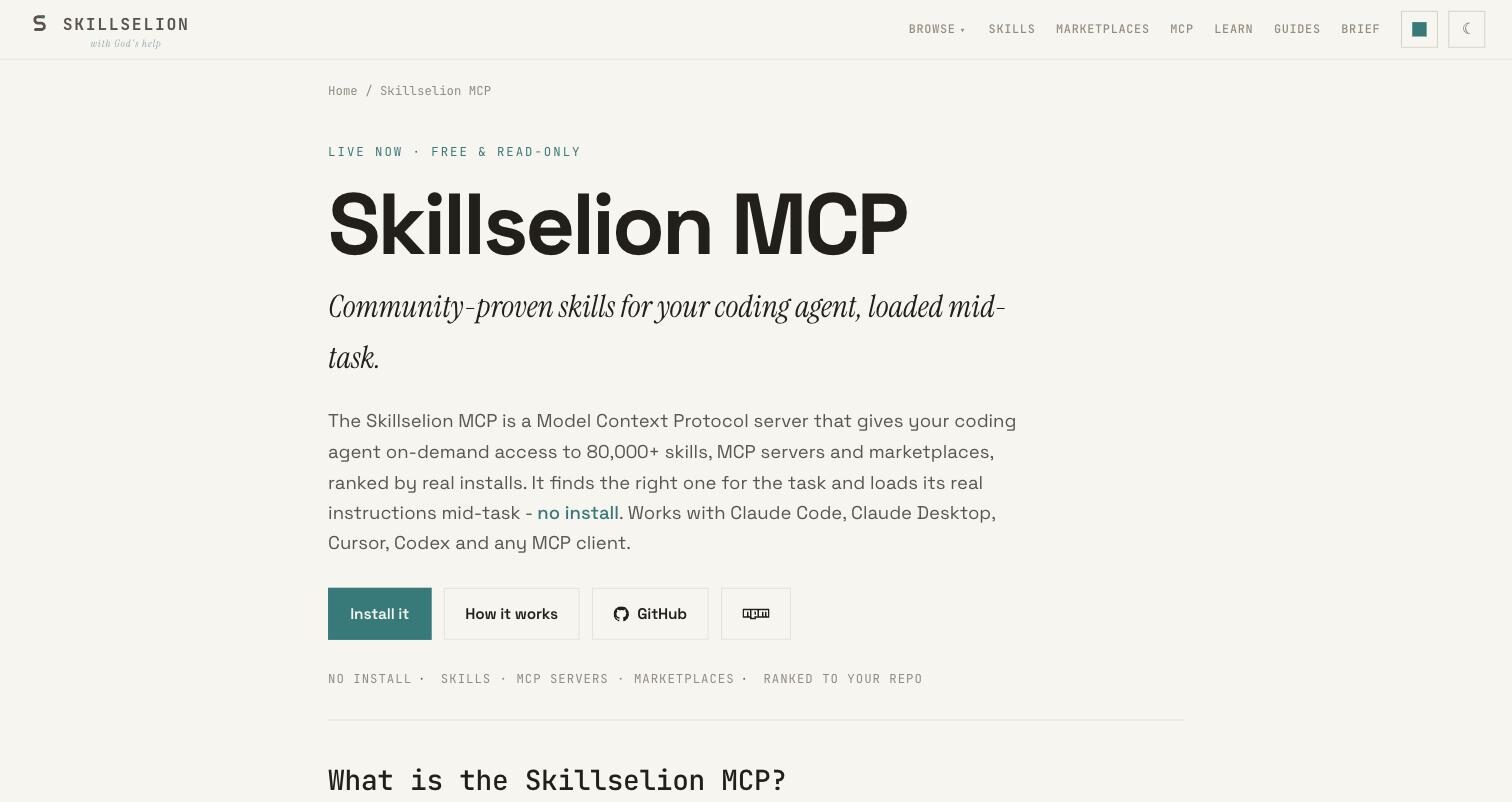 Página del MCP de Skillselion: gratuito, de solo lectura y sin instalación